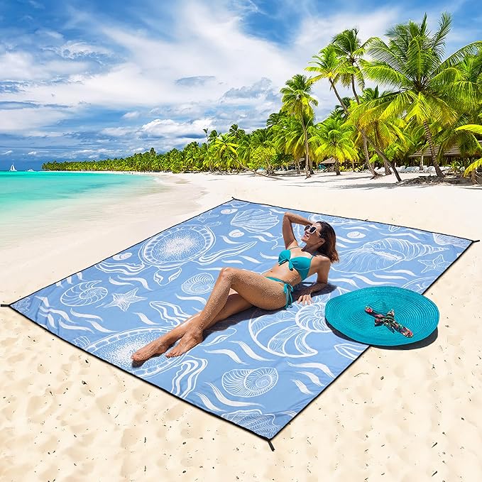 WIWIGO Beach Blanket Waterproof Sandproof Beach Mat 79" X 83"/10'x9'for 2-8 Adults Quick Drying Outdoor Picnic Mat Beach Accessories for Travel, Camping, Hiking