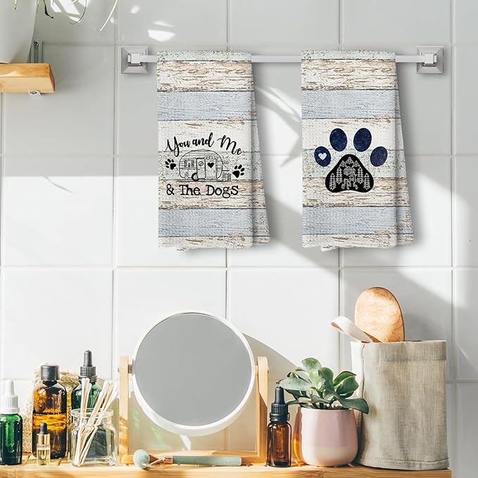 You and Me and The Dogs Camping Kitchen Towels, Camping Dish Towels, Dog Kitchen Towel, Camper Gifts for Women Men, RV Decor, Campsite Decor, Camping Supplies for RV Campers 16x24 in Set of 2