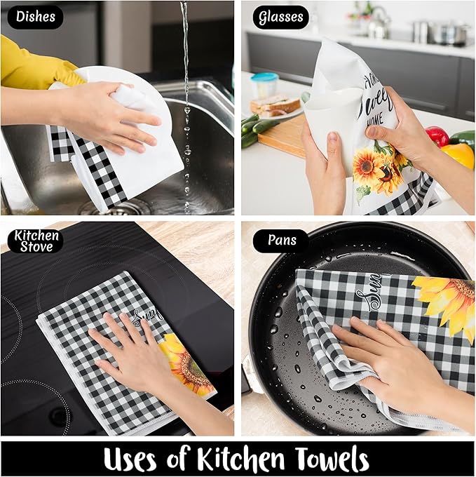 R HORSE 5Pcs Sunflower Kitchen Towels Decorative Set, Summer Flower Dishcloth Absorbent Quick Dry Hand Dish Tea Towel, Sunflower Kitchen Decor Reusable Floral Dishcloth for Bathroom Cooking Home