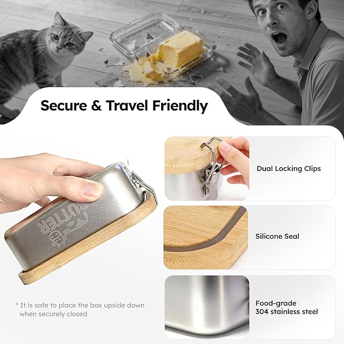 Stainless Steel Butter Dish with Lid, Airtight Cow Butter Keeper for Refrigerator & Countertop, Kitchen, Camping & Travel,Fits East & West Coast Butter (Medium)