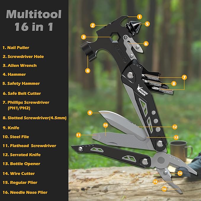 Rush Deer Camping Essentials Multitool,16 in 1 Multi Tool Survival Gear with Hammer, Pliers, Knife, Screwdrivers, Bottle Opener & Car Safety Hammer, for Camping, Hiking, Gift for Dad Him