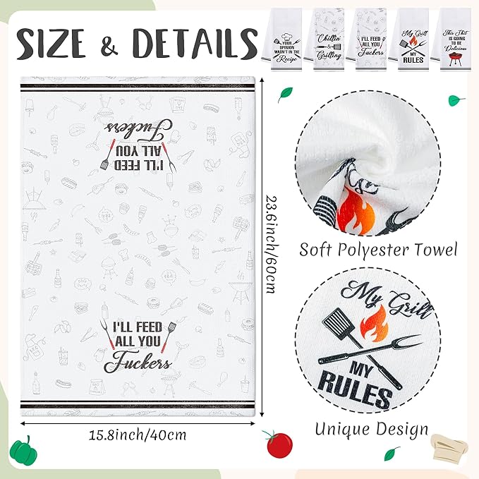 R HORSE 5Pcs BBQ Grilling Dish Towel Funny Barbecue Cooking Absorbent Kitchen Dishcloth Grilling Themed Cleaning Dishcloth Bar Hand Towel Gifts for Chef Men Women Housewarming