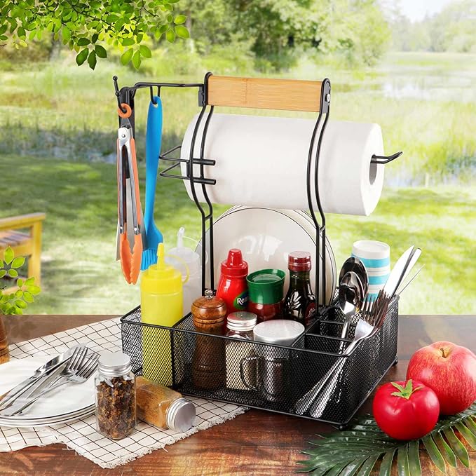 FANGSUN Grill Caddy, BBQ Caddy with Paper Towel Holder, Picnic Condiment Utensil Caddy for Outdoor Camping, Barbecue Accessories Storage Organizer for Griddle Grilling Tools, RV Patio Camper Must-Have