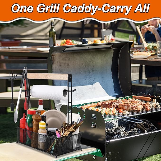 VIKEYHOME Grill Caddy, Picnic BBQ Organizer for Camping Outdoor Mesh Basket with 3 Hanging Hooks and Paper Towel Holder, Ideal Table Storage Tools for RV Camper/Tailgating/Flatware