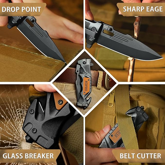NedFoss Pocket Folding Knife DA75, 3 in 1 Pocket Knife Gifts for Men Women, Survival Knife with Liner-Lock Belt Clip, Seat Belt Cutter, Glass Breaker, Hunting knife for Camping Hiking