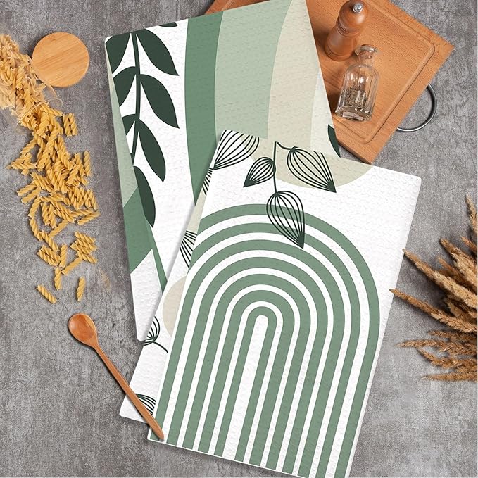 Boho Kitchen Towels Set of 4, Boho Bohemian Sun Moon Kitchen Towels Decorative Set, Bohemian Green Hand Tea Towels for Bathroom Decor, 16x24inch