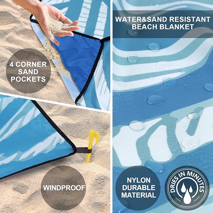 WIWIGO Beach Blanket Waterproof Sandproof Beach Mat 79" X 83"/10'x9'for 2-8 Adults Quick Drying Outdoor Picnic Mat Beach Accessories for Travel, Camping, Hiking