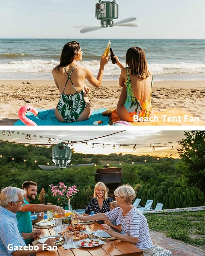 DUKUSEEK Tent Ceiling Fans for Camping Hanging, Portable Tent Fans with Light and Remote Control, Power Bank, USB Battery Operated Camping Fan with Hanging Hook for Outdoor, Car, RV
