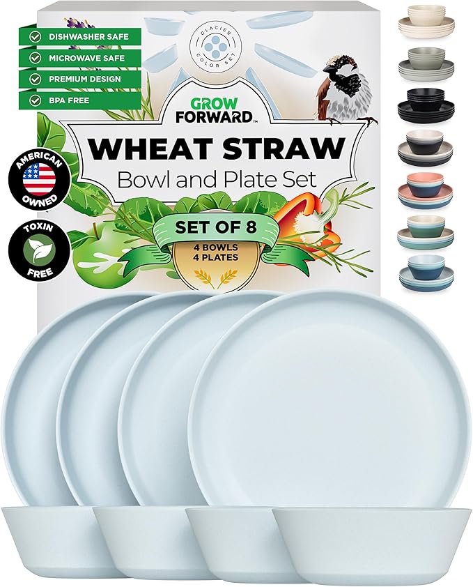 Grow Forward Premium Wheat Straw Plates and Bowls Sets - 8-Piece Wheat Straw Dinnerware Sets - Unbreakable & Reusable Microwave Safe Plastic Dinner Plates for Outdoors, RV, Camping Dishes - Glacier