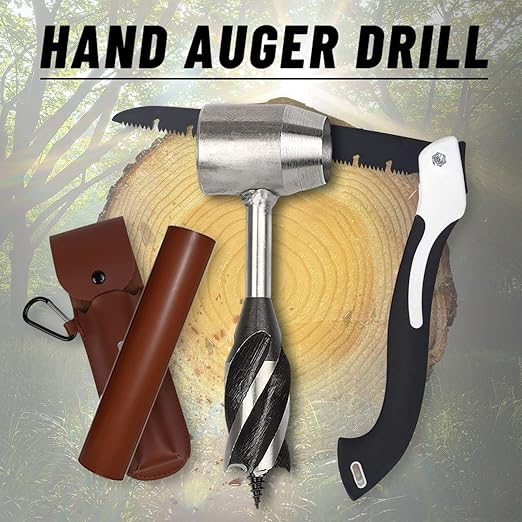Bushcraft Gear Hand Auger Drill,Survival Tools with Folding Saw Making Wooden Rocket Stoves, 1”Dia Drill Peg and Scotch Eye Maker Settlers Wrench for Camping Shelter Building (1“Dia)