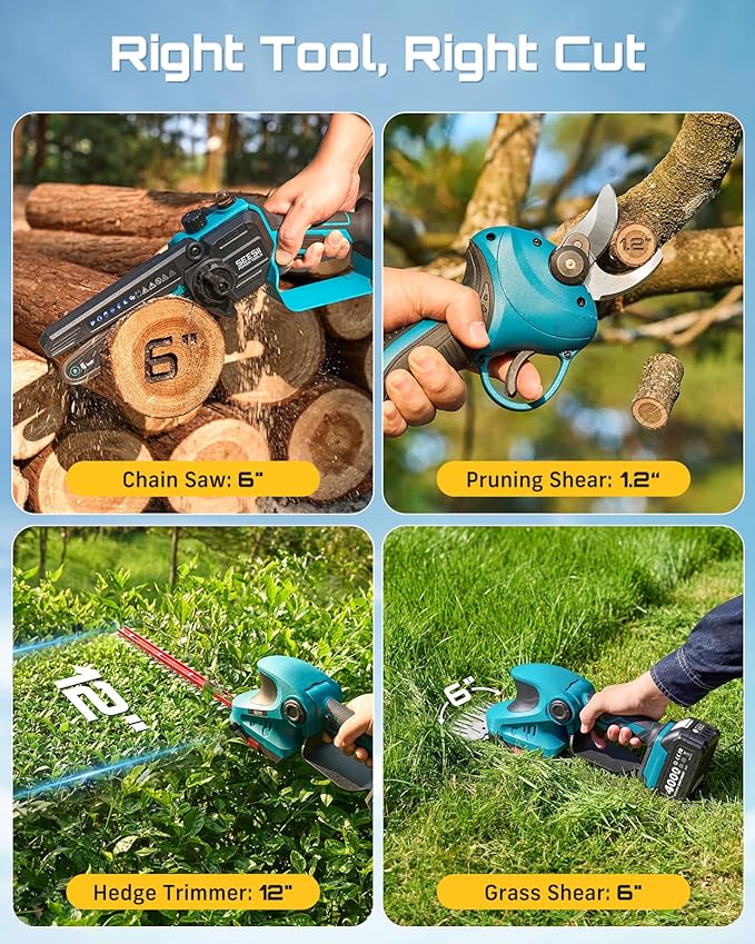 SEESII Electric Chainsaw Trimmer Pruner: 3-in-1 Cordless Chainsaw, Hedge Trimmer, Pruning Shears with 2× Rechargeable 4000mAh Batteries, Garden Tool Kit for Tree Trimming and Branch Cutting