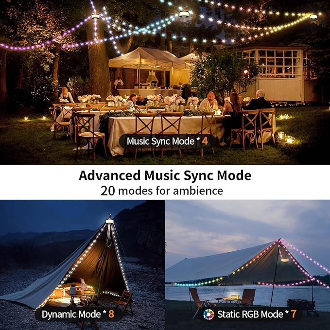 TOHETO Camping String Lights, 3 in 1 Upgraded Retractable RGB Outdoor String Lights with 19 Lighting Modes,Quick 30s Recovery, 32.8 FT Portable Tent Lights, Rechargeable Camping Lantern (Black&Orange)