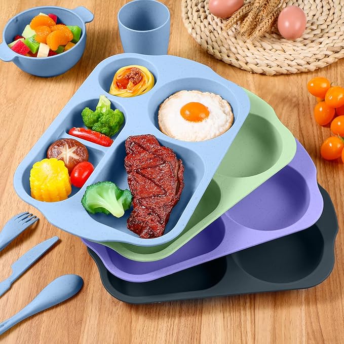 24 Pcs Wheat Straw Dinnerware Cutlery Set for Aldult Including Divided Plates Microwave Dishwasher Safe Bowl Unbreakable Tableware Straw Cutlery Spoon Knife Fork(Assorted Color)