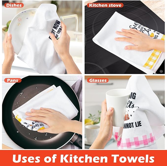 R HORSE Funny Kitchen Dish Towel - 5Pcs Cute Food Theme Kitchen Dishcloth Check Absorbent Drying Cleaning Dishcloth Bar Hilarious Hand Towel Gift for Baking Lover Housewarming Mom Women