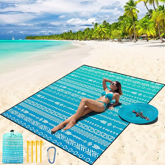 WIWIGO Beach Blanket Waterproof Sandproof Beach Mat 79" X 83"/10'x9'for 2-8 Adults Quick Drying Outdoor Picnic Mat Beach Accessories for Travel, Camping, Hiking