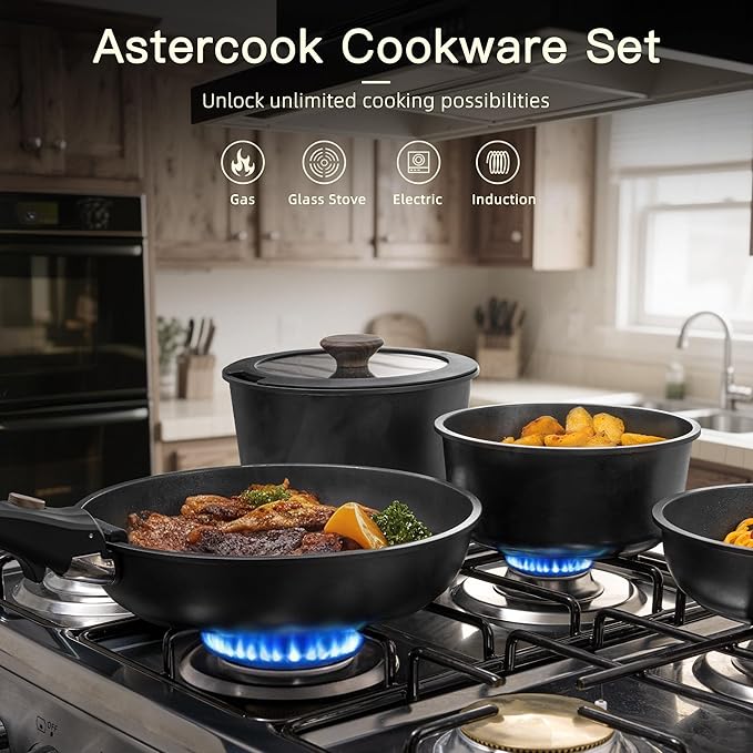 Astercook 21 Pcs Pots and Pans Set Non Stick, Ceramic Cookware Set Detachable Handle, RV Kitchen Cooking Set Removable Handles, Oven Safe, Induction Ready, Stackable, Black, Mothers Day Gifts