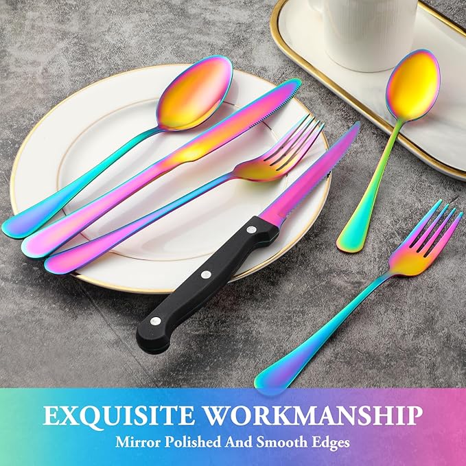 72 Pcs Rainbow Silverware Set with Steak Knives Service for 12,Stainless Steel Flatware Set,Mirror Polished Cutlery Utensil Set, Kitchen Eating Tableware,Include Fork Knife Spoon Set,Dishwasher Safe