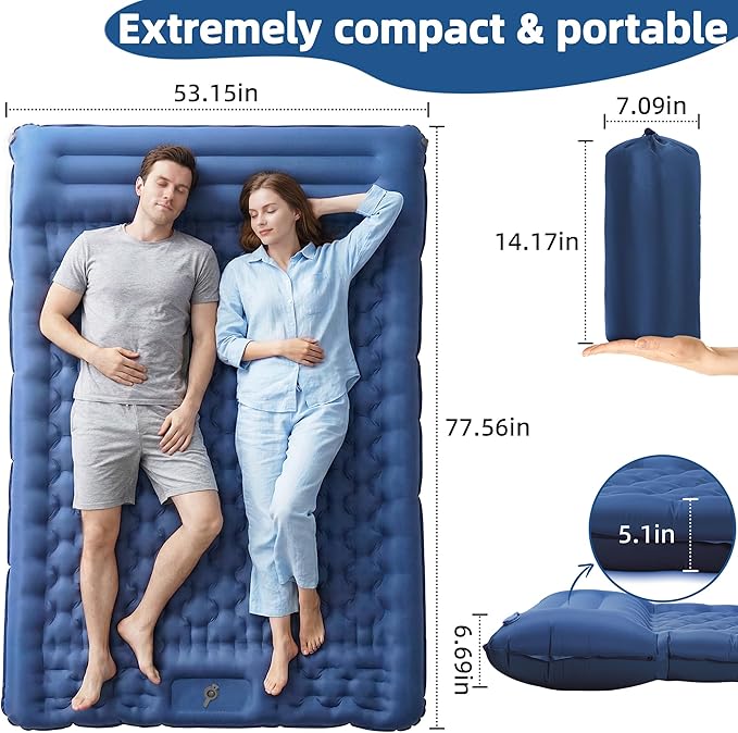 Camping Sleeping Pad, 5.1" Extra-Thick Camping Mattress with Pillow, Built-in Foot Pump Ultralight Inflatable Sleeping Pads for Camping Hiking Backpacking Traveling Tent, Navy Blue, 2 Person