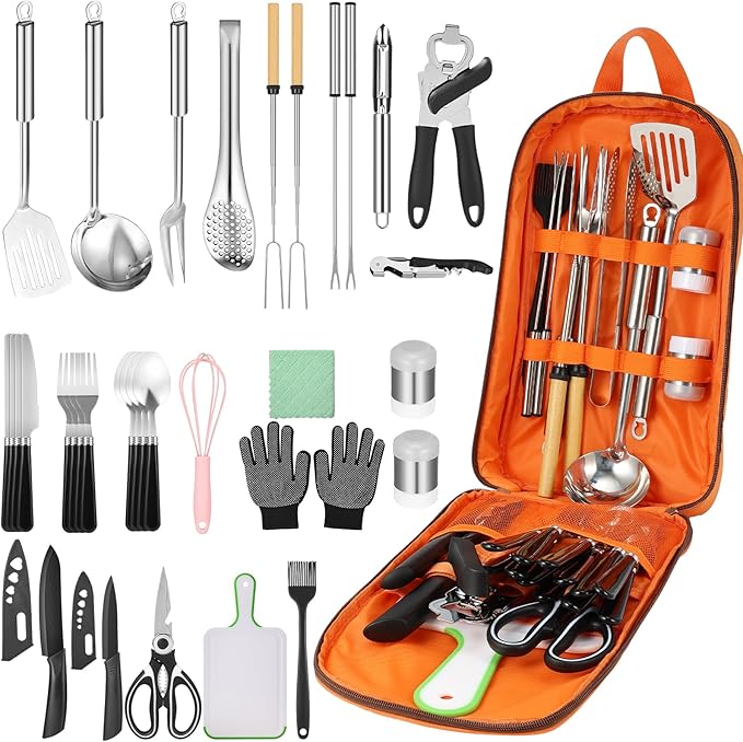 Hozzen Camping Cooking Set - Camping Utensil Set Car Camping Cooking Essentials Gear for Camp Kitchen Cooking and Grilling, Stainless Steel & Silicone Ideal Gift for RV Tent Camper, Picnics, BBQs