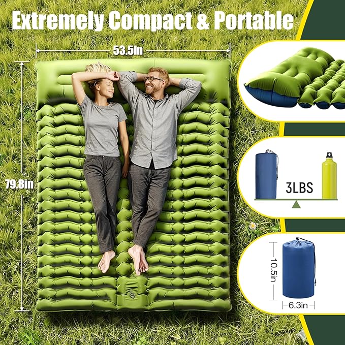 Yuzonc Double Sleeping Pad - Self Inflating 4" Extra-Thick for 2 Person with Pillow Built-in Foot Pump Inflatable Sleeping Mat for Backpacking, Hiking, Traveling, Tent, Portable Camping Mat