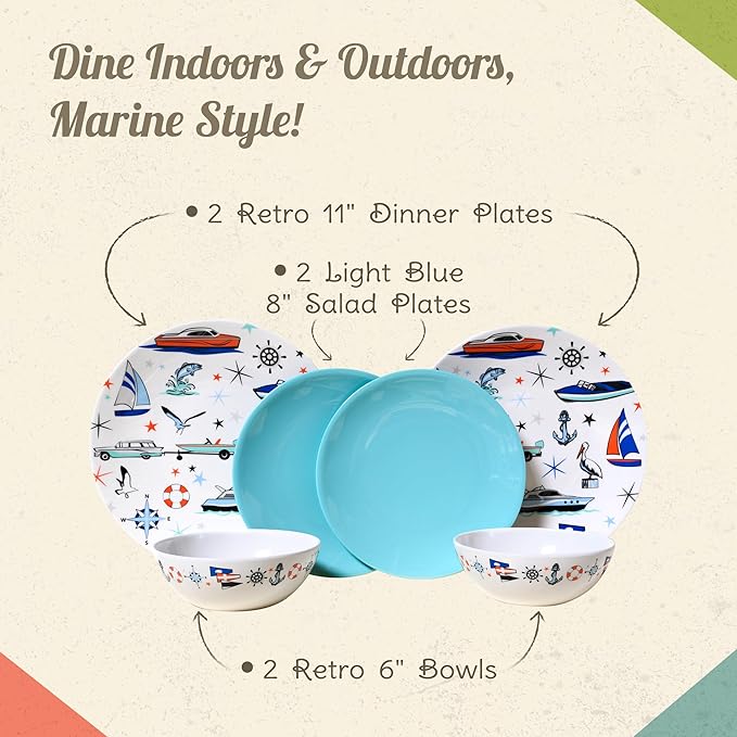 Melamine Dinnerware Sets - 6-pc Marine Dish Set - 2 Bowls, 2 Salad & 2 Dinner Melamine Plates for Indoor & Outdoor - BPA Free, Dishwasher Safe, Shatter-Res Dinnerware Set - Camping Dishes, Camp Casual