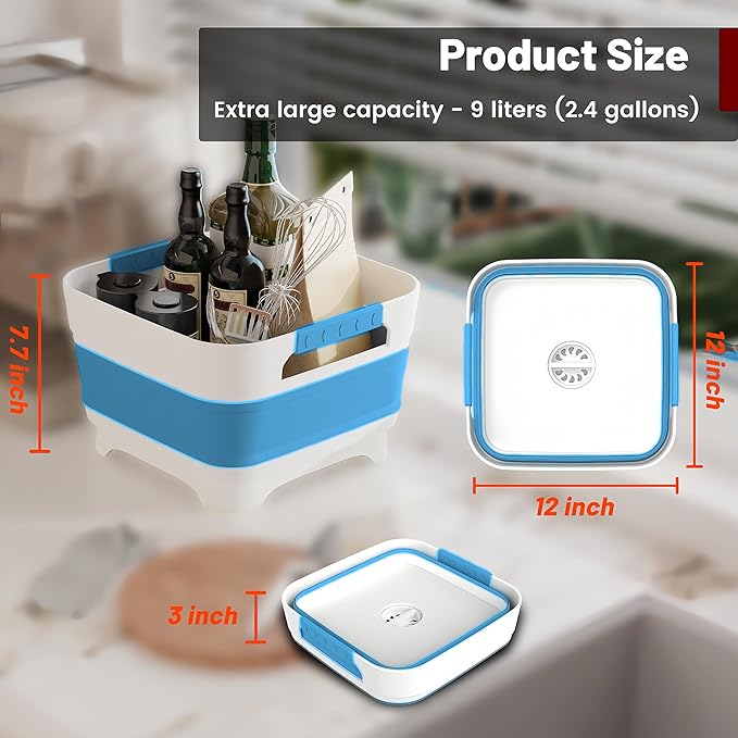 MontNorth 2.4 Gal Collapsbile Wash Basin with Drian Plug,9L Dish Pan for Soaking Baby Bottles,Portable Sink, Multiuse Foldable Bucket,Ice Beverage Tubs for Camping, Vegetable Washing, RV (Blue)