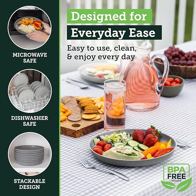 Grow Forward Premium Wheat Straw Plates - 10 Inch Reusable Hard Plastic Dinner Plates Set of 8 - Unbreakable Microwave Safe Plates for Dessert, Camping, RV, Outdoors, Patio, Kitchen Dishes - Feather