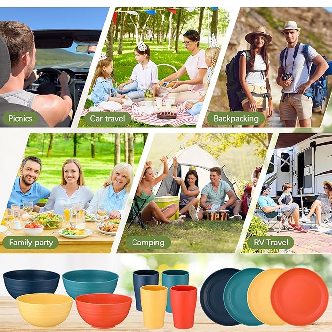 Teenyyou 4 Sets Camping Mess Kits for 4 Person Camping Silverware Set Include Cup, Bowl, Plate, Knife, Spoon, Fork Cutlery Set Unbreakable Wheat Straw Dinnerware Utensils for Travel