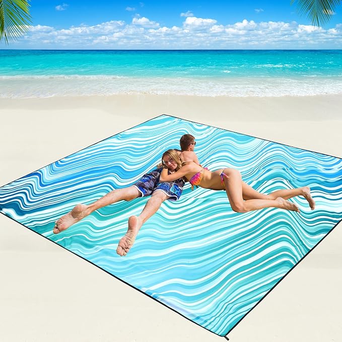 WIWIGO Beach Blanket Waterproof Sandproof Beach Mat 79" X 83"/10'x9'for 2-8 Adults Quick Drying Outdoor Picnic Mat Beach Accessories for Travel, Camping, Hiking