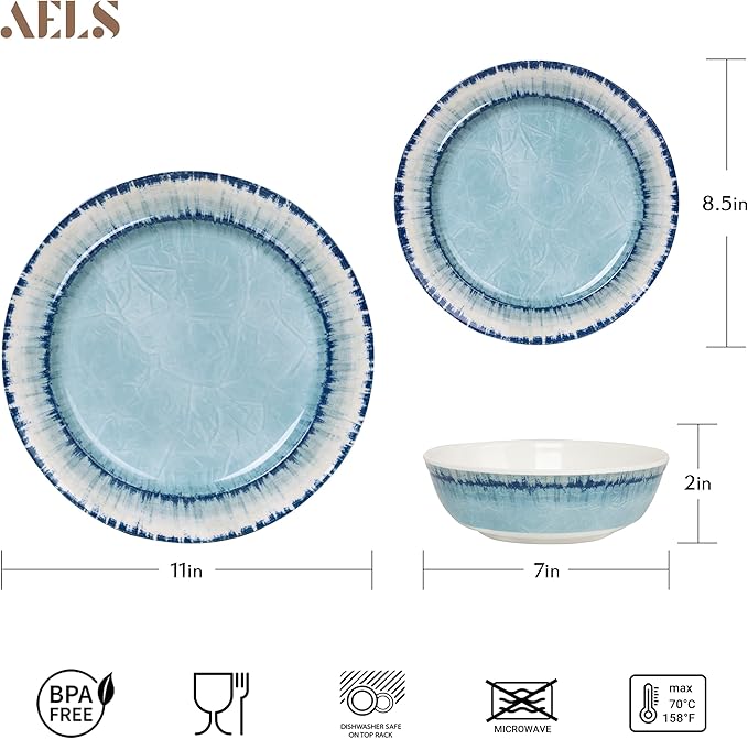 AELS Melamine Dinnerware Set of 18 Pcs Dinner Dishes Set, Lightweight Unbreakable for Indoor and Outdoor Use, BPA Free, Dishwasher Safe, Light Blue