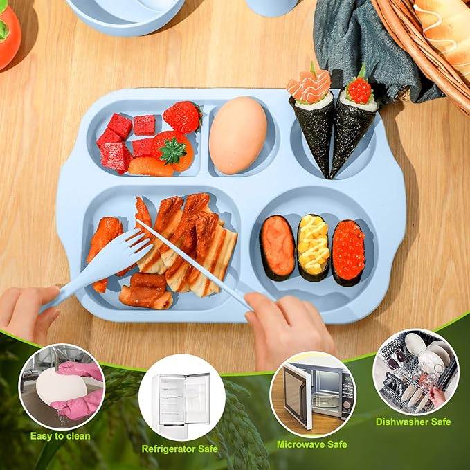 24 Pcs Wheat Straw Dinnerware Cutlery Set for Aldult Including Divided Plates Microwave Dishwasher Safe Bowl Unbreakable Tableware Straw Cutlery Spoon Knife Fork(Vivid Color)