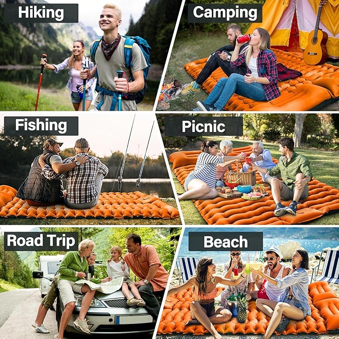 Yuzonc Double Sleeping Pad for Camping, 4" Extra Thick Self-Inflating Air Mattress - 2 Person Inflatable Camping Mat with Built-in Foot Pump & Pillow, Backpacking Hiking Tent Travel-Orange