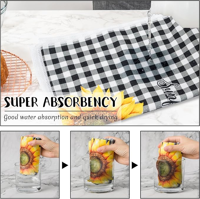 R HORSE 5Pcs Sunflower Kitchen Towels Decorative Set, Summer Flower Dishcloth Absorbent Quick Dry Hand Dish Tea Towel, Sunflower Kitchen Decor Reusable Floral Dishcloth for Bathroom Cooking Home