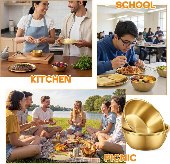 8 Pieces 304 Stainless Steel Plates and Bowls Sets - 9 Inch Metal Camping Plates Reusable 20oz Steel Snack Bowls Feeding Serving Dinner Dishes Double Insulated for Adult Girls Boys (Gold)