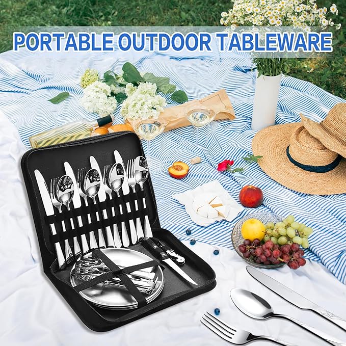 Camping Dishes Set, Camping Plates and Utensils with Camp Organizer Camping Dinnerware