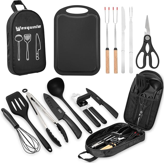 Wesqunie Camping Essentials Cookware Cooking Utensils Set - Portable Camp Kitchen Mess Kit Outdoor Accessories, Stainless Steel & Silicone, Camping Gear Equipment for RV Picnic Grill, 14PCS Black
