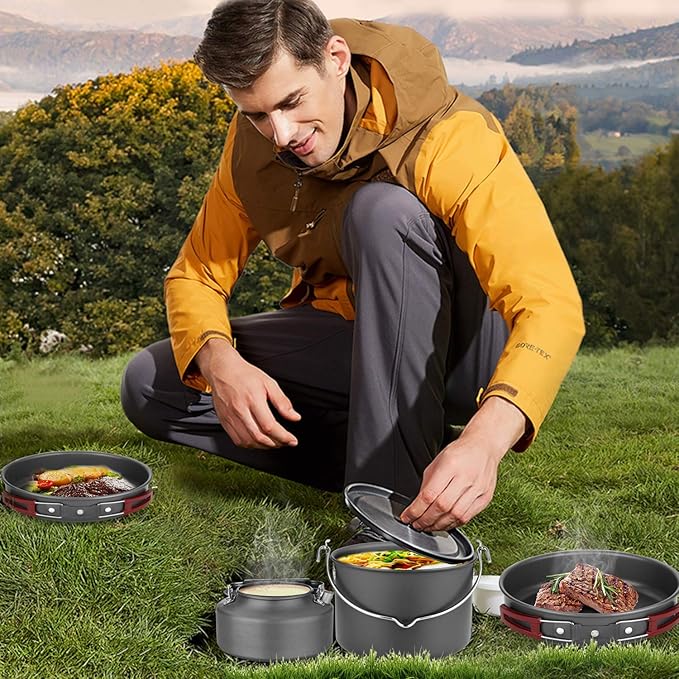 Odoland 22pcs Camping Cookware Mess Kit, Large Size Hanging Pot Pan Kettle with Base Cook Set for 4, Cups Dishes Forks Spoons Kit for Outdoor Camping Hiking Picnic
