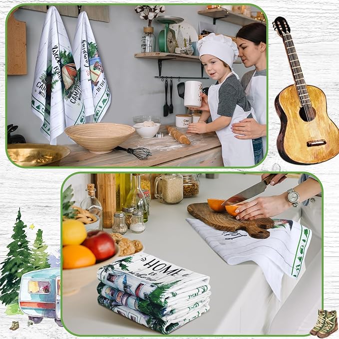 Macarrie Camping Kitchen Towels Set of 6 Dish Hand Tea Towels Kit Printed with Funny Sayings Bonfire Tent Car Novelty Gifts for Campers Happy Camper Camping Accessories for Rv Campers, 21 x 14 Inches