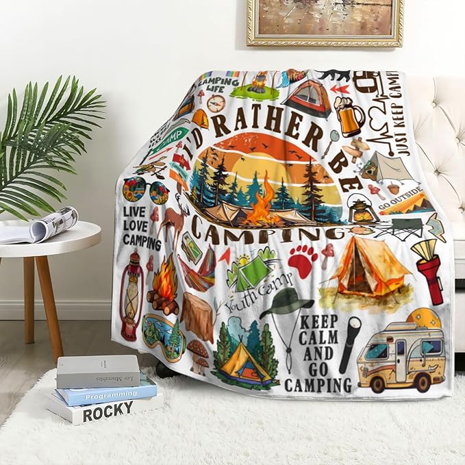 Camping Blanket Camping Gifts for Men Women Stuff Plush Camper Blankets and Throws Camping Gifts for Men Women Boys Teens Camping Lovers Birthday Party Decorations Hiking Fishing 60"X50"