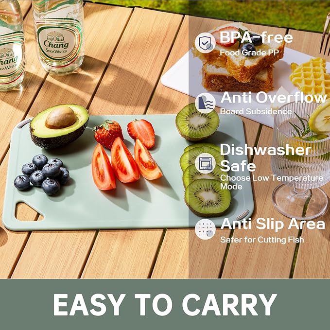 THETCHRY Plastic Cutting Board Set of 3-Cutting Boards for Kitchen BPA Free, Large-Small Chopping Boards Non-Slip for Cooking Camping Dishwasher Safe, Reversible, with Grip Handle, 15"×10"×0.25" Green