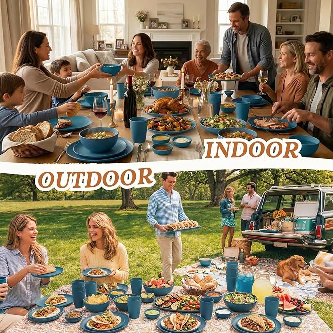 Homienly Wheat Straw Dinnerware Sets for 8, 40 Pcs Unbreakable Plates and Bowls Sets, Microwave Dishwasher Safe Dish Set, Reusable Plastic Dishes for Kitchen, Camping, Deep Plates for Salad (Blue)