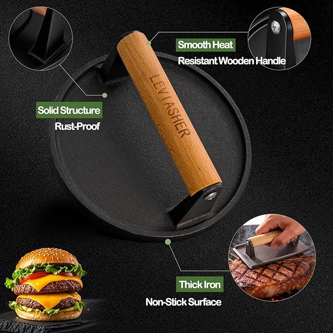 2 Pack 2.3lb Steak Weight & Burger Press, Striped Base, 7" Heavy Duty Cast Iron Grill Press with Wood Handle for Blackstone, Chef, Camp, Panini, Vegetable, Bacon, Sandwich, BBQ