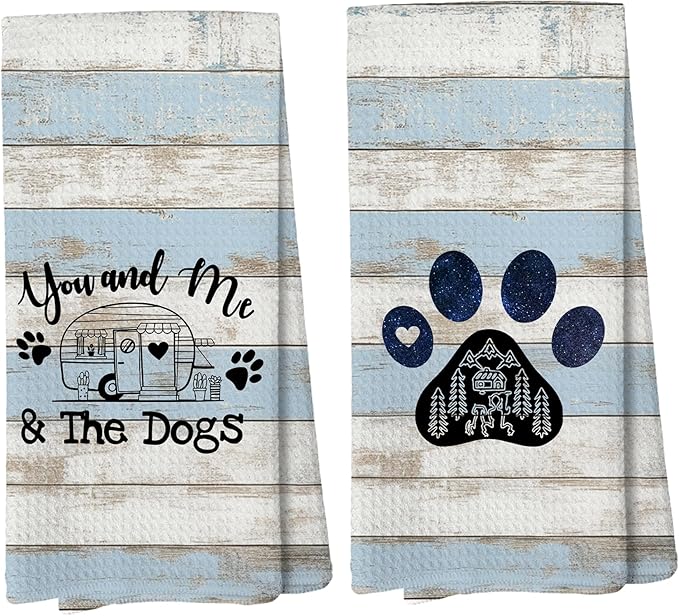 Blue You and Me and The Dogs Camping Kitchen Towels, Dog Kitchen Towels, RV Campsite Decor, Camping Supplies for RV Campers Campers Lovers Women Men 16x24 in Set of 2