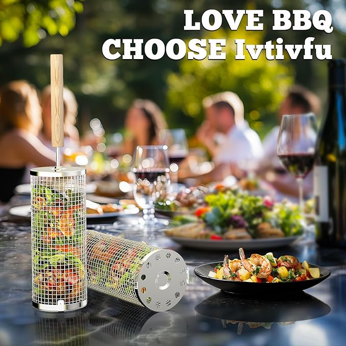 ivtivfu Rolling Grill Basket, Removable Wooden Handle, 304 Stainless Steel, Nesting BBQ Tools, Smoker Grilling Accessories for Vegetable, Outdoor Cooking Camping, Birthday Gifts for Men Dad Husband