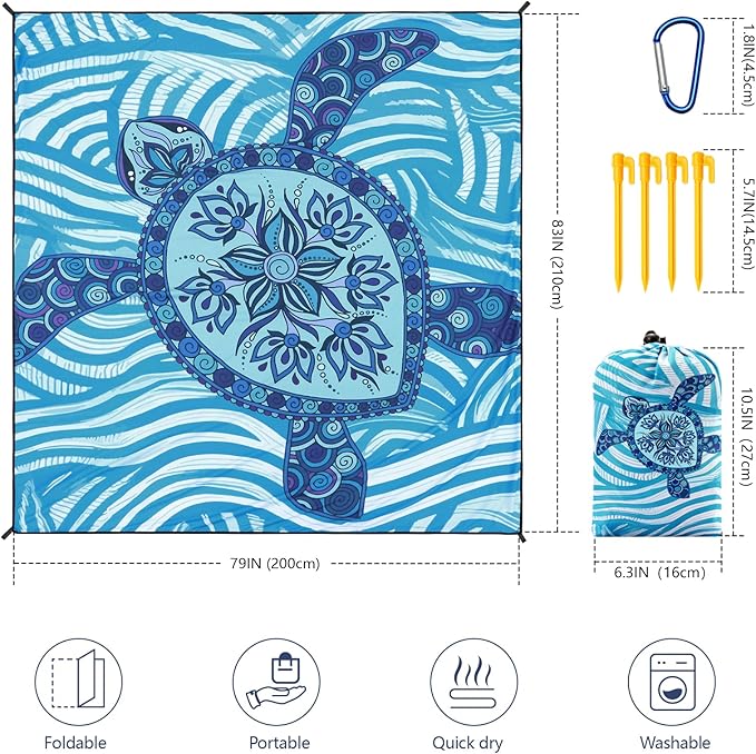 WIWIGO Beach Blanket Waterproof Sandproof Beach Mat 79" X 83"/10'x9'for 2-8 Adults Quick Drying Outdoor Picnic Mat Beach Accessories for Travel, Camping, Hiking