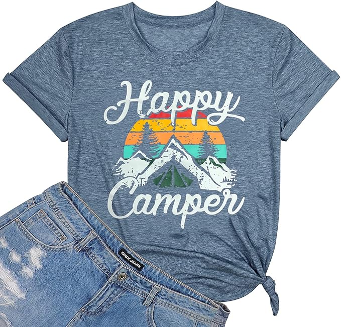 Happy Camp T-Shirt Women Hiking Mountain Adventure Novelty Workout Funny Saying Cute Graphic Athletic Shirt