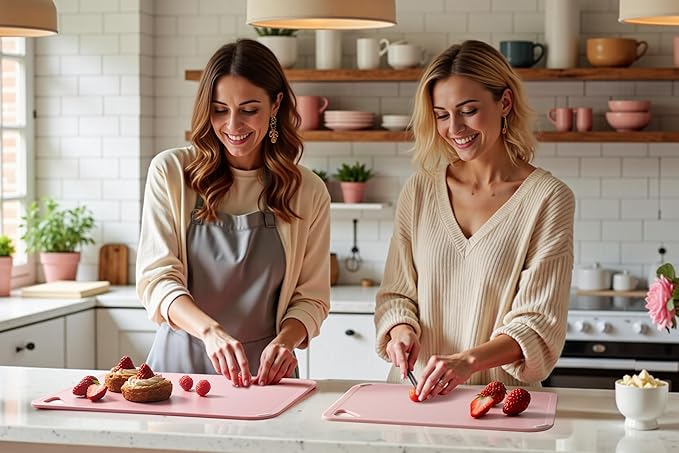 THETCHRY Plastic Cutting Board Set, Pink Cutting Board with Non-slip, Cutting Board for Kitchen Set of 3, Dishwasher Safe, BPA Free, Reversible, with Grip Handle, Pink