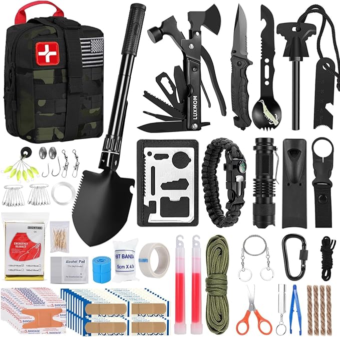 LUXMOM Emergency Survival Kit and First Aid Kit, 142Pcs Professional Survival Gear and Supplies Equipment with Molle Pouch, Gift for Christmas Men Dad Husband Camping Hiking Hunting Outdoor Adventure