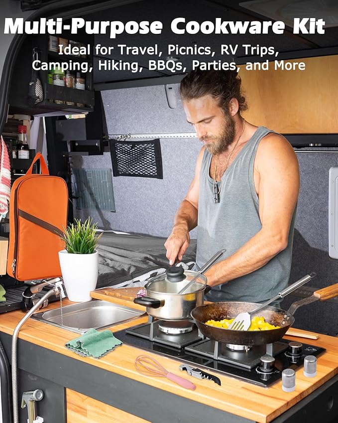 Hozzen Camping Cooking Set - Camping Utensil Set Car Camping Cooking Essentials Gear for Camp Kitchen Cooking and Grilling, Stainless Steel & Silicone Ideal Gift for RV Tent Camper, Picnics, BBQs