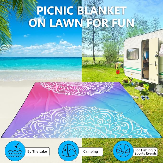 WIWIGO Beach Blanket Waterproof Sandproof Beach Mat 79" X 83"/10'x9'for 2-8 Adults Quick Drying Outdoor Picnic Mat Beach Accessories for Travel, Camping, Hiking